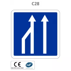 Panneau C28.ex2 Réduction du nombre de voies de circulation