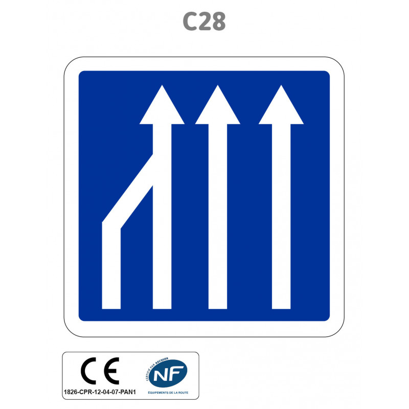 Panneau C28.ex3 Réduction du nombre de voies de circulation