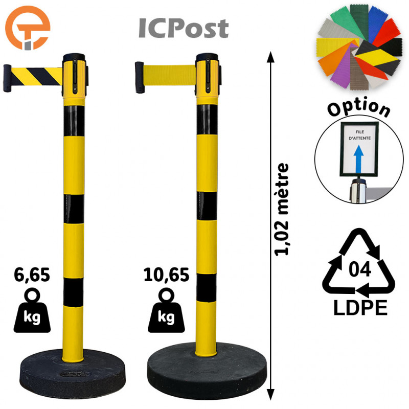 Poteau de balisage noir jaune à sangle 3 mètres